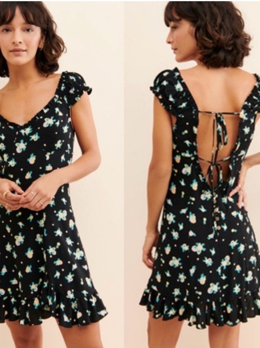 Free People Like a Lady Black Fruit Print Floral Tie-Back Mini Dress